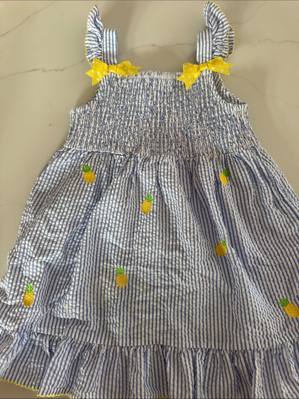 Blue & White Striped Pineapple Embroidered Girls' Sundress